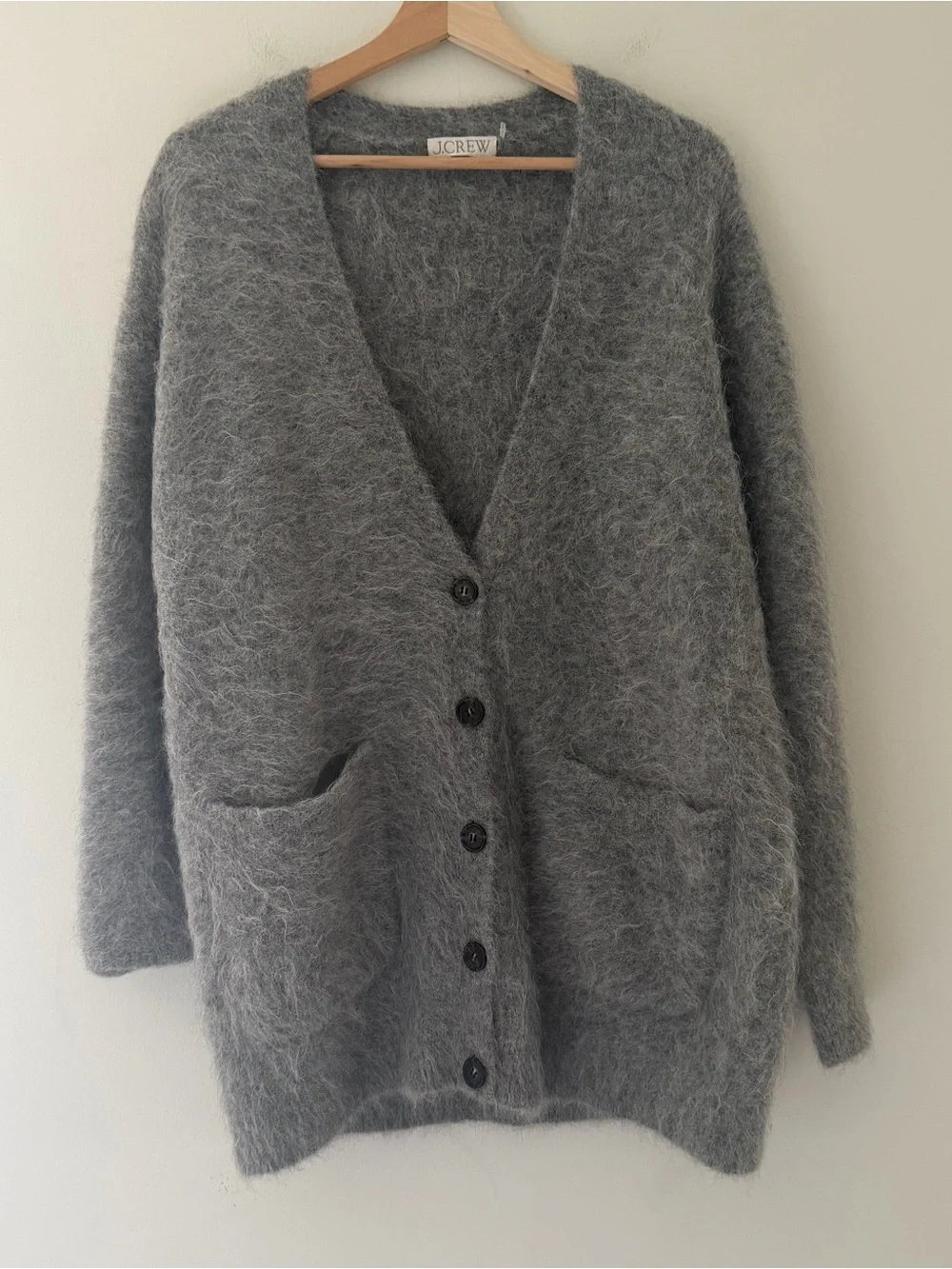 J Crew Alpaca Cardigan Gray Oversized Size Medium Fuzzy Quiet Luxury Minimalist